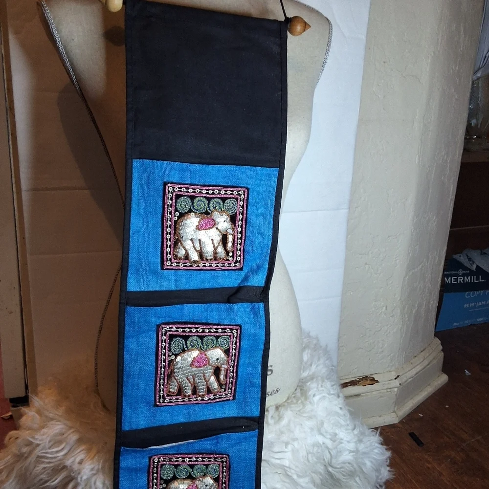 Boho Wall Hanging Embroidered Elephant Textile Art Blue Bohemian Decor